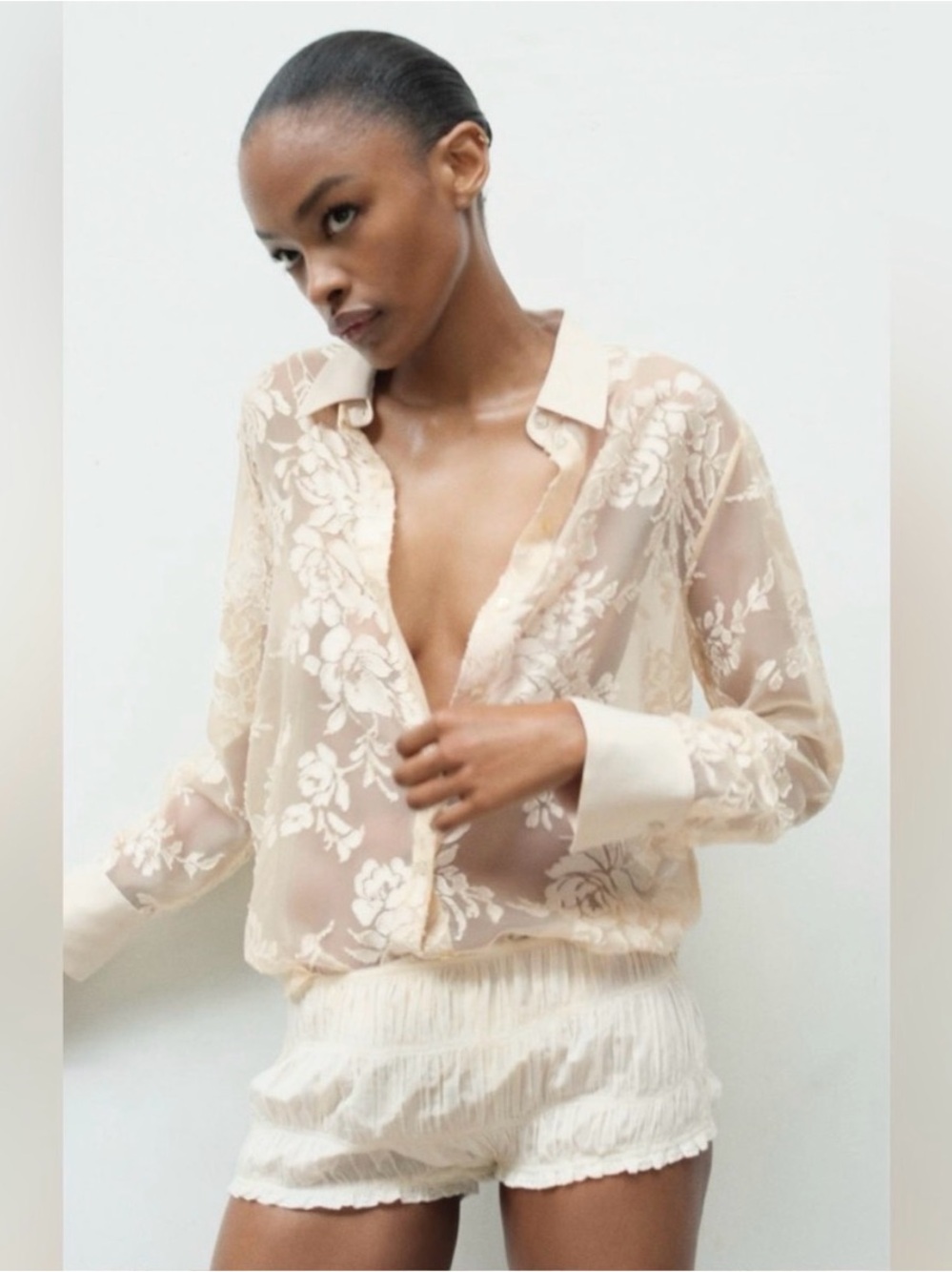 nwt ZARA NEW MIXED VELVET SEMI-SHEER SHIRT medium